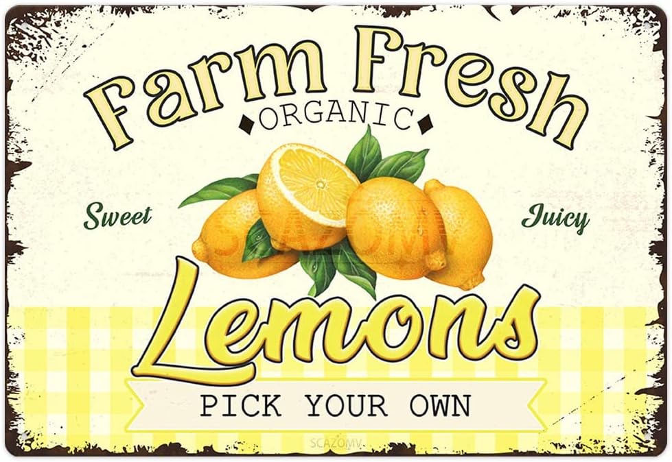 Farm Fresh Sweet Juicy Lemons Vintage Metal Tin Sign, Retro Fruit Poster Decorative Wall Art Signage, Farmhouse Country Market Kitchen Bar Home Decor, 12" X 8"