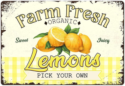 Farm Fresh Sweet Juicy Lemons Vintage Metal Tin Sign, Retro Fruit Poster Decorative Wall Art Signage, Farmhouse Country Market Kitchen Bar Home Decor, 12" X 8"