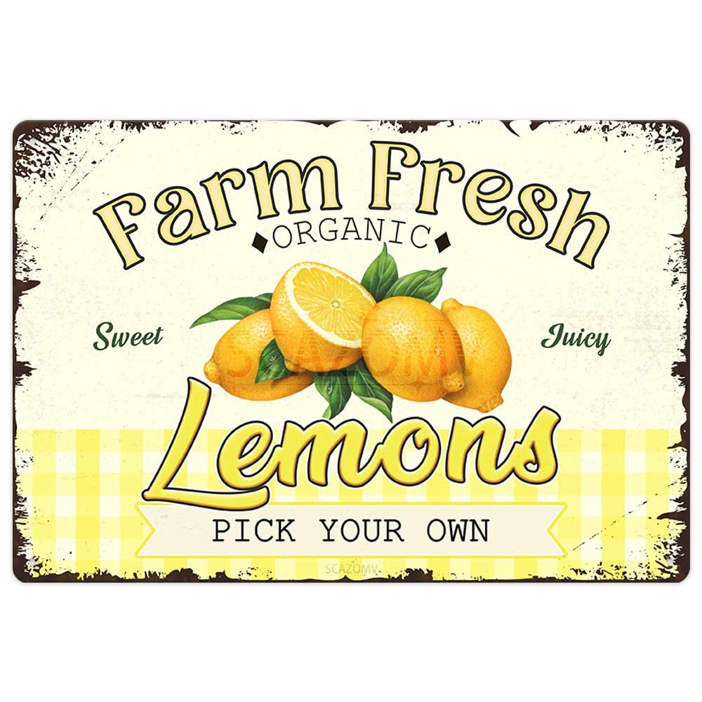 Farm Fresh Sweet Juicy Lemons Vintage Metal Tin Sign, Retro Fruit Poster Decorative Wall Art Signage, Farmhouse Country Market Kitchen Bar Home Decor, 12" X 8"