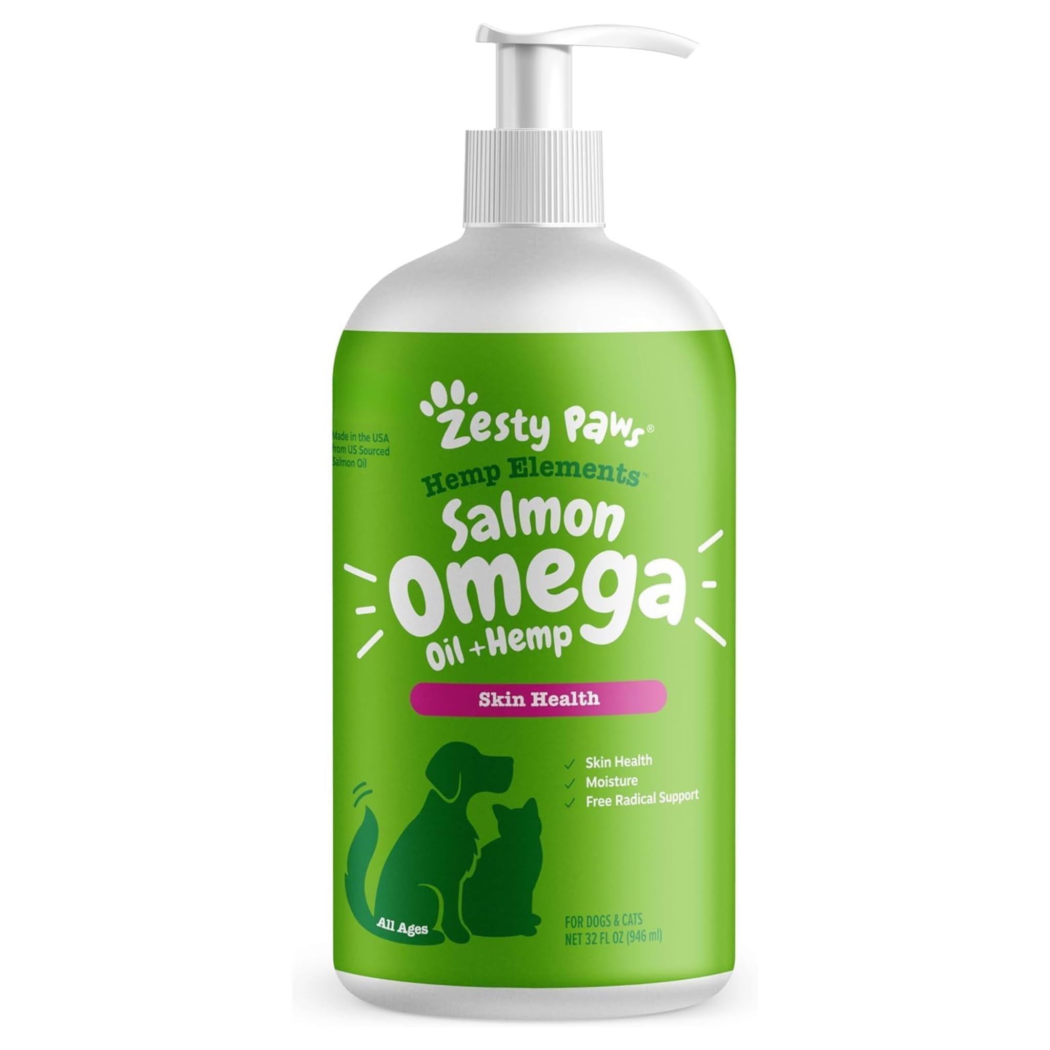 Zesty Paws Wild Alaskan Omega-3 Blend Pollock + Salmon Oil for Dogs and Cats- Skin and Coat Support, Omega 3 Supplement for Pets, 32oz