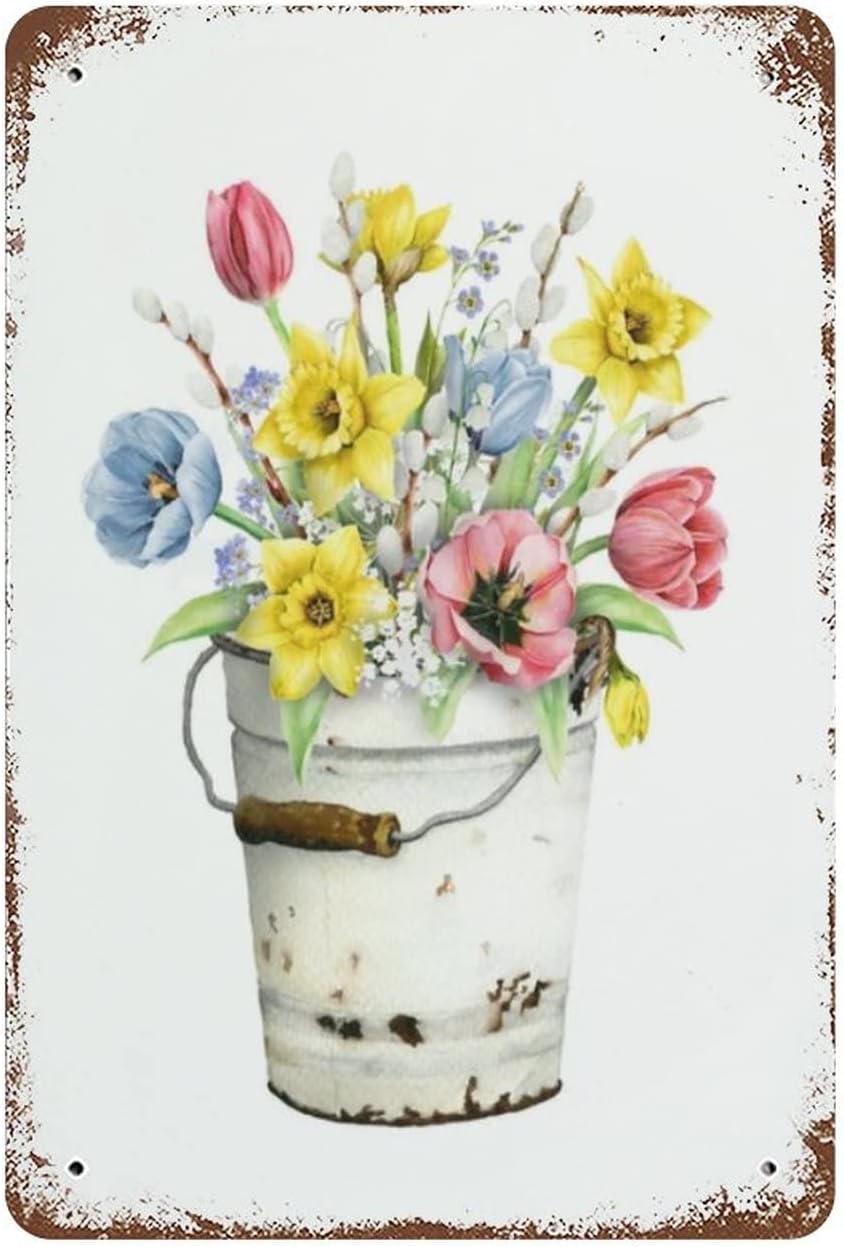 VIOFLOW Daffodil Floral Bouquet Farmhouse Metal Tin Sign Spring Flowers Wall Decor Funny Decoration for Home Kitchen Bar Garage Vintage Retro Poster Plaque Tin Signs 8X12 Inches
