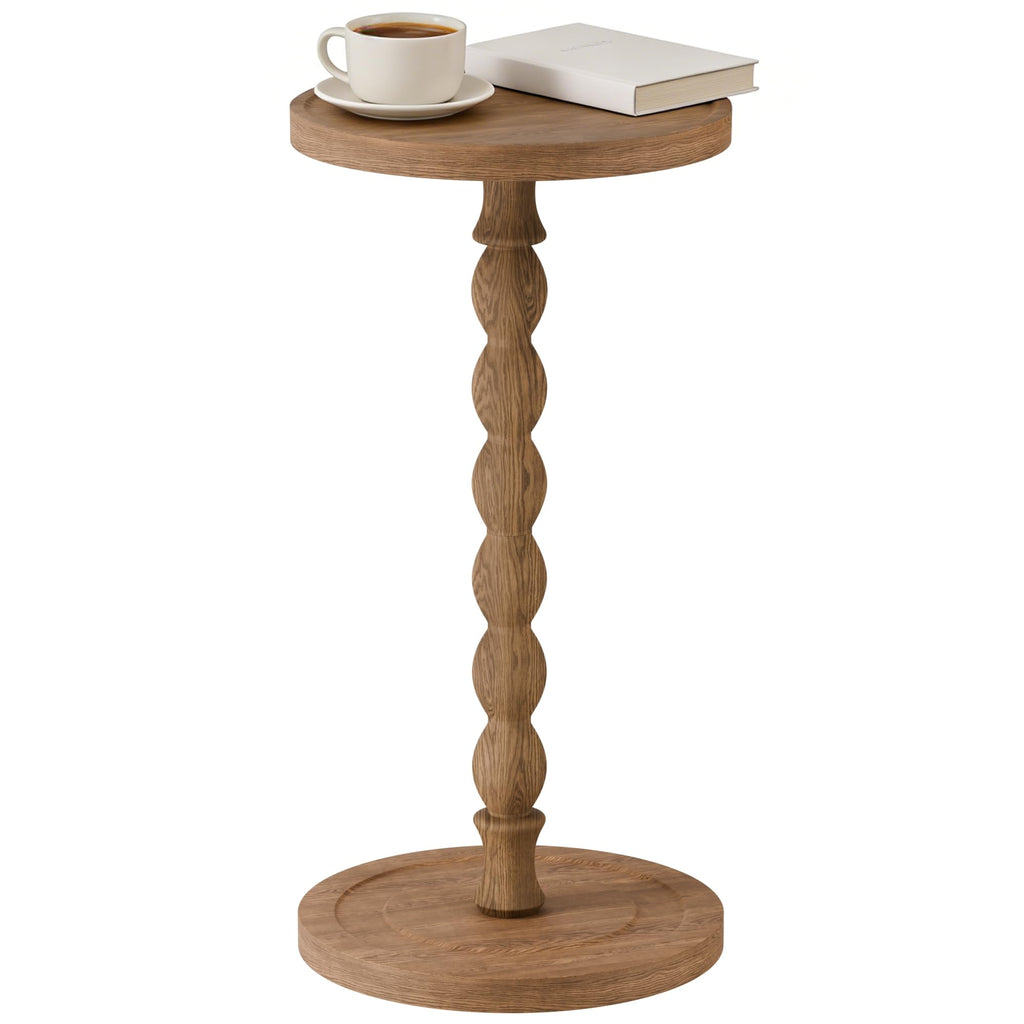 Small Side Table, Rubberwood‌ Drink Table for Small Spaces, Solid Wood Pedestal Coffee Tables, Round End Tables for Living Room, Sofa Couch, Bedroom, Corners, and Office (Brown, 9.4 inch)