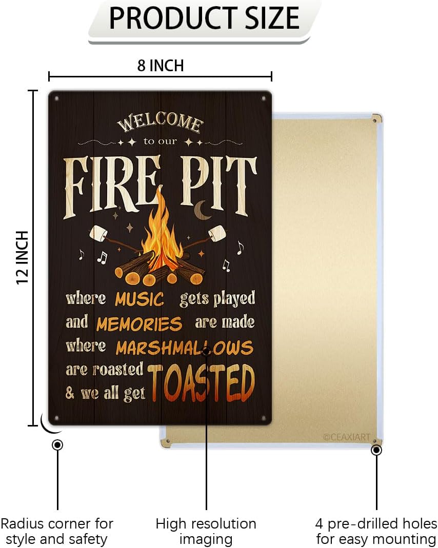 Welcome To Our Fire Pit Tin Sign Vintage Wall Decor Funny Camper Door Decorations Retro Camp Art Poster Metal Signs Hanging Plaque for Home Bar Bedroom Cafe Patio Porch Garage Pub 12X8 Inch