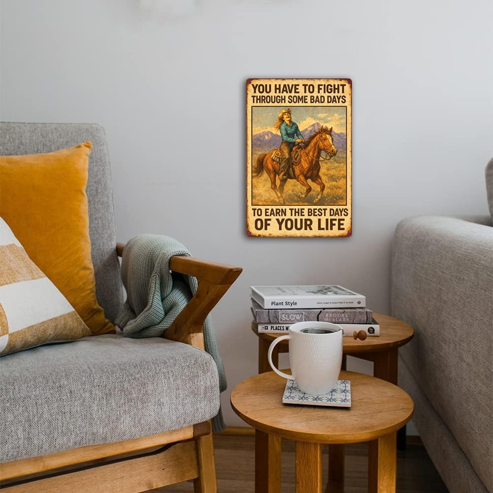 Kizbok Vintage Cowgirl Metal Tin Sign, Rustic Cowgirl Quote Metal Wall Art Prints, Farmhouse Country Life Western Horse Rider Signs Metal Sign for Bar, Garage Man Cave, Home, Southwestern Theme Decorations 8 x 12 Inch