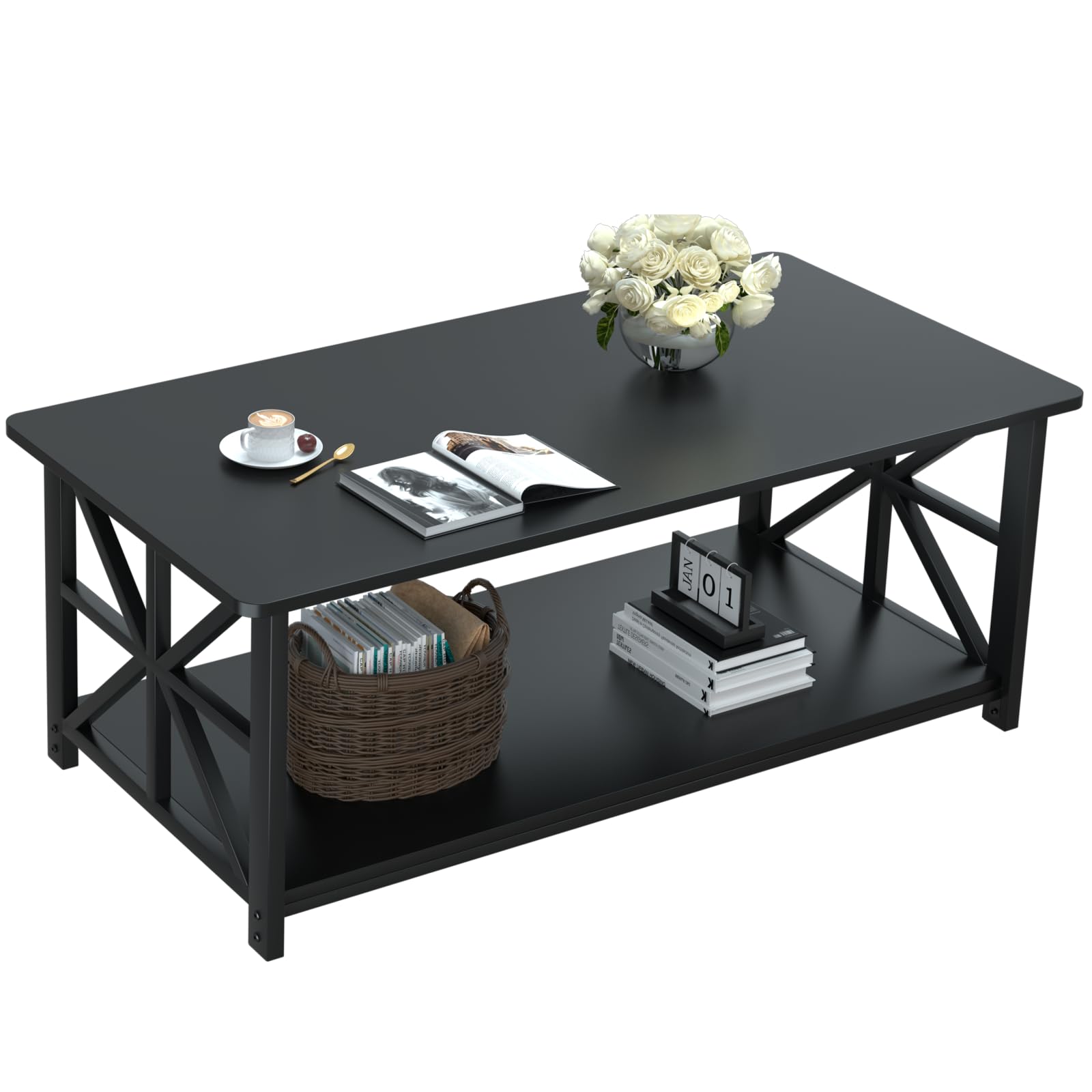 GreenForest Coffee Table for Living Room with Round Corners Farmhouse Style Center Table with Storage Shelf 39 Inch Space Saving Easy Assembly Gray Wash | for Living Room