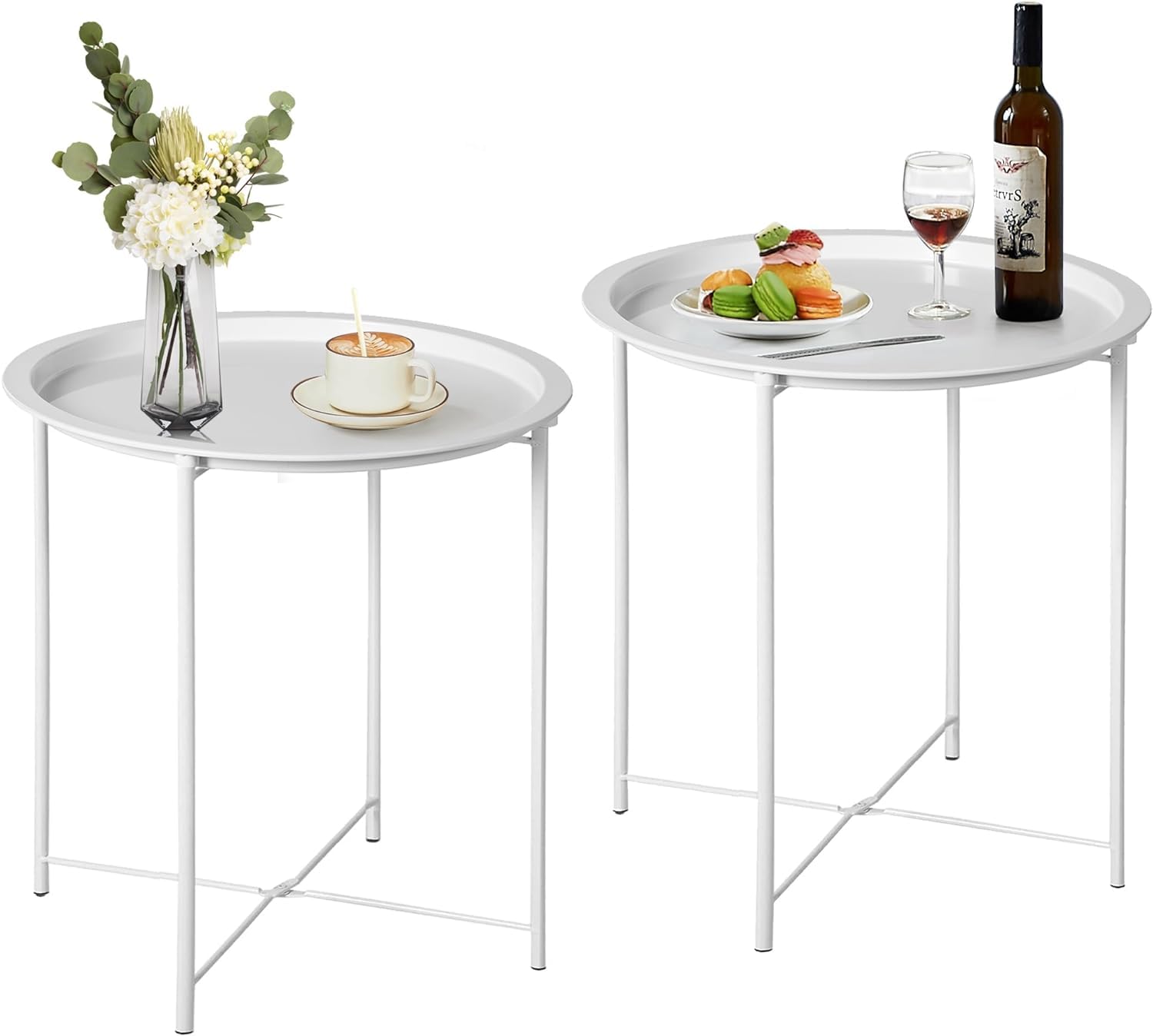 VECELO Side/End Table, Folding Round Metal Anti-Rust and Waterproof Outdoor or Indoor Tray for Living Room Bedroom Balcony and Office, 2 PCS, Dark Green