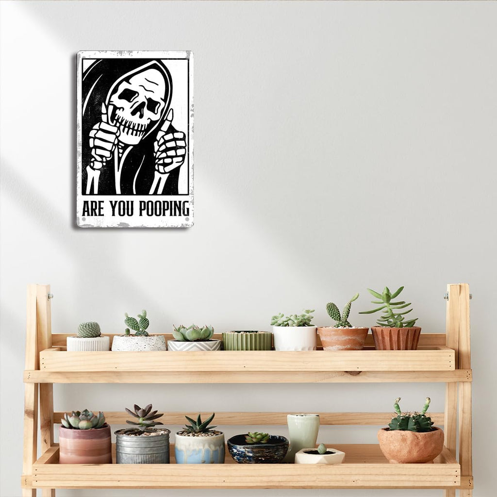 BEASTZHENG Funny Gothic Bathroom Home Decor Metal Tin Sign: Funny "Are You Pooping?" Bathroom Wall Art Decor Sign for Skull Lovers 8 X 12 Inches