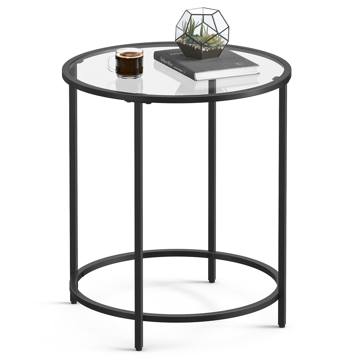 VASAGLE Round Side Table, Glass End Table with Metal Frame, Gold Coffee Table with Modern Style, for Living Room, Balcony, Bedroom, Gold Color