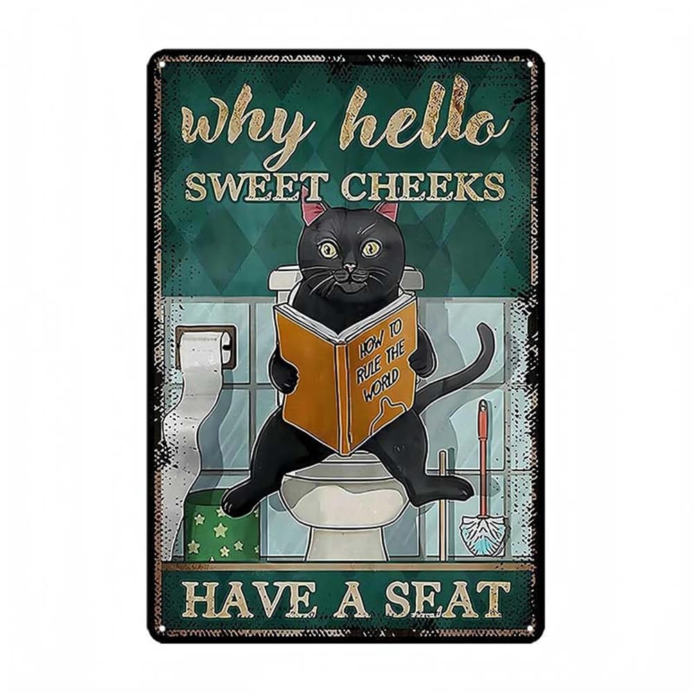 Funny Bathroom Sign Vintage Cat Tin Signs for Wall Decor 8" x 12" Funny Bathroom Signs Restroom Toilet Decor Metal Wall Plaque Poster (Welcome)