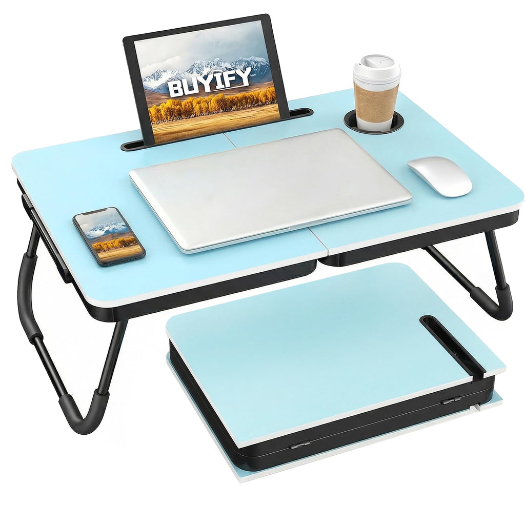 BUYIFY Foldable Laptop Bed Desk for Couch, Sofa - Large Lap Desk Tray Table with Cup Holder and Tablet Slot - Portable Notebook Stand for Eating, Writing, Studying and WFH -NEW-006-USA Original Patent