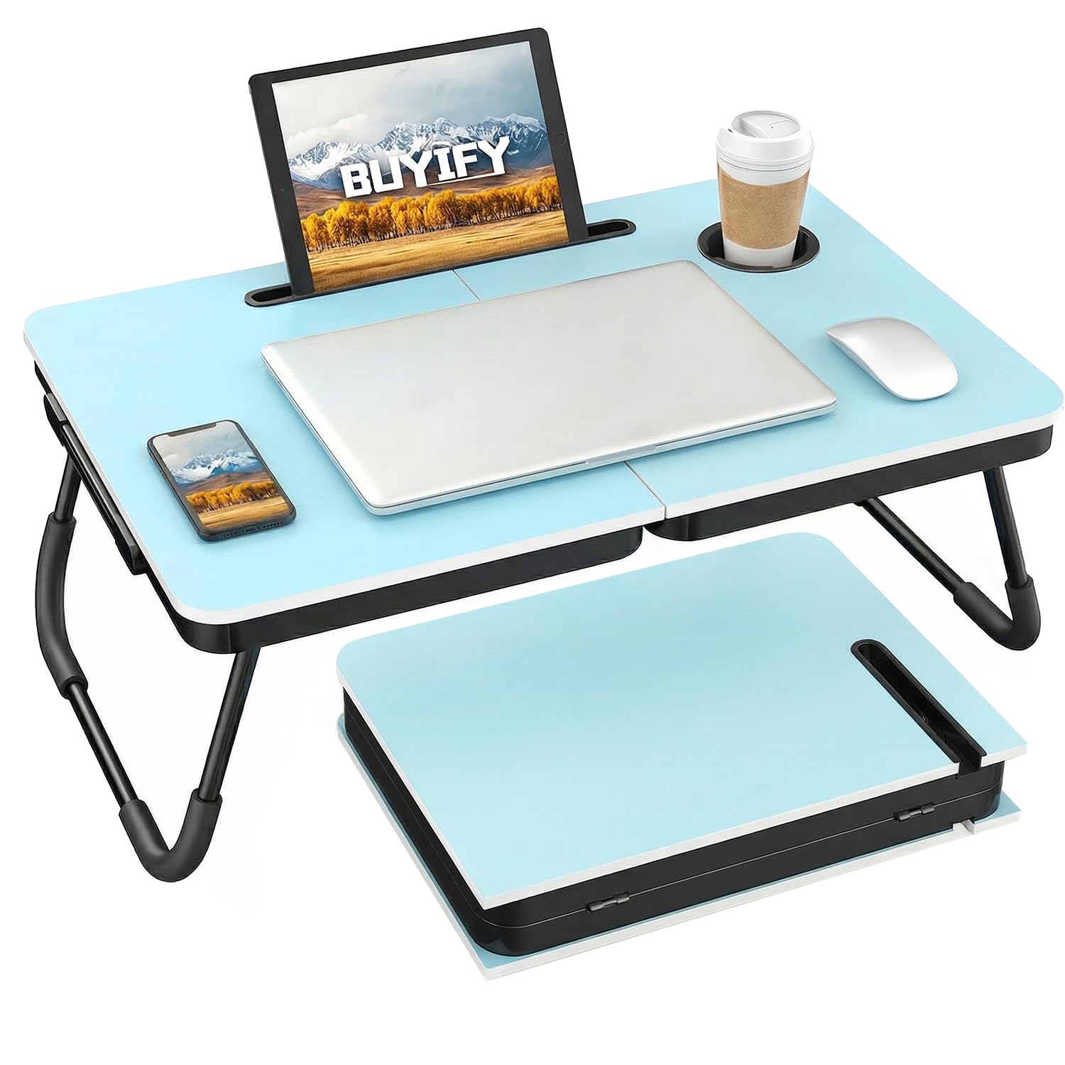 BUYIFY Foldable Laptop Bed Desk for Couch, Sofa - Large Lap Desk Tray Table with Cup Holder and Tablet Slot - Portable Notebook Stand for Eating, Writing, Studying and WFH -NEW-006-USA Original Patent