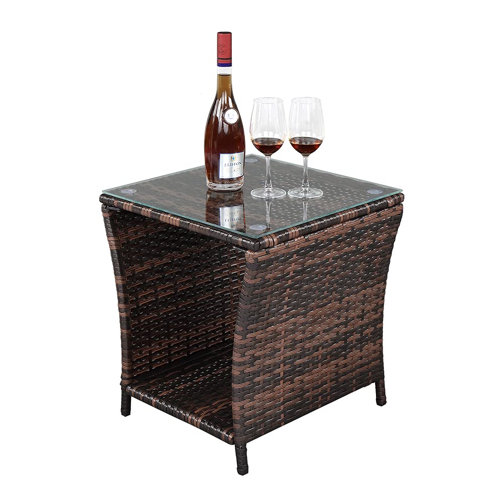 VINGLI Outdoor Wicker Side Table Patio Side Tables for Outside, Tempered Glass Top Wicker Table with Storage End Table for Balcony Porch Deck (Brown)