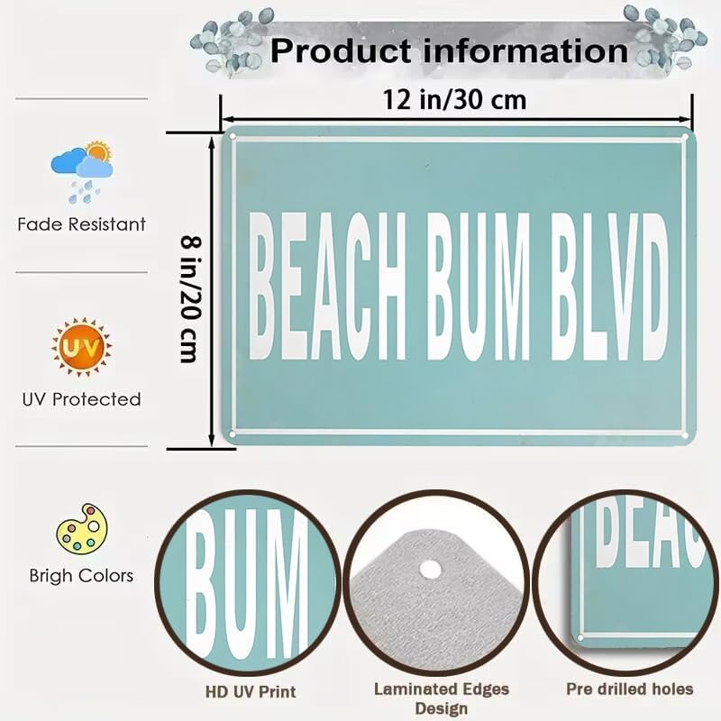 Vintage Summer Beach Sign Beach Bum Blvd Tin Sign for Lake House Coastal Beachy Room Cottage Cabin Deck Decor 12 X 8 Inch (3113)