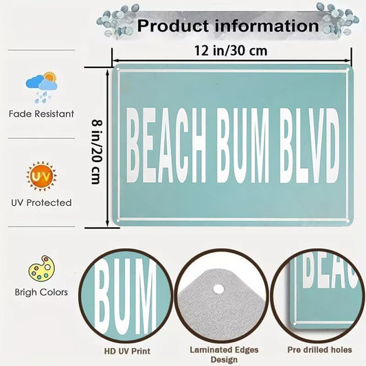 Vintage Summer Beach Sign Beach Bum Blvd Tin Sign for Lake House Coastal Beachy Room Cottage Cabin Deck Decor 12 X 8 Inch (3113)