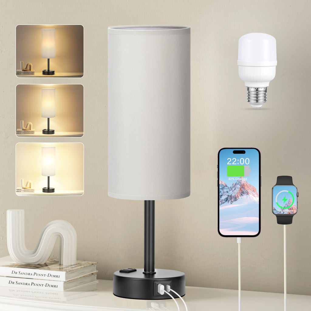 Fenmzee Bedside Table Lamp for Bedroom - 3 Way Dimmable Touch Lamp USB C Charging Ports and AC Outlet, Small Lamp Wood Base Round Flaxen Fabric Shade for Living Room, Desk, LED Bulb Included