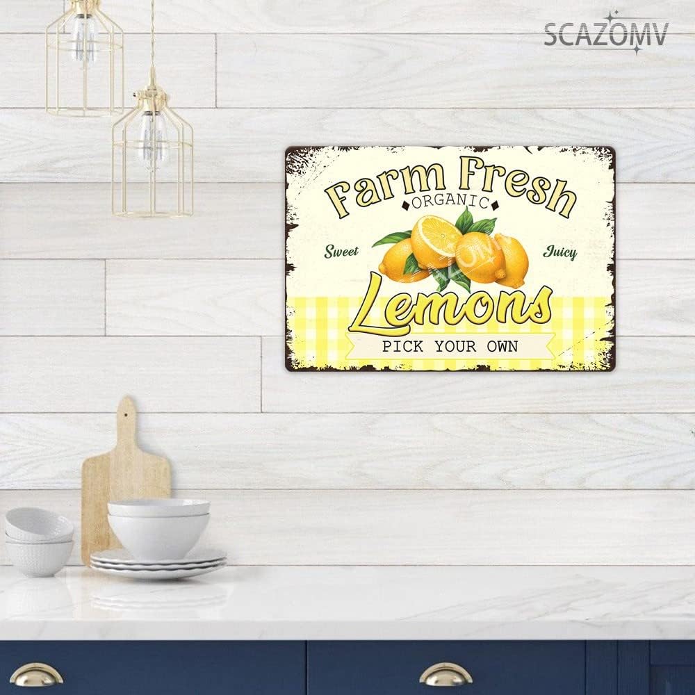Farm Fresh Sweet Juicy Lemons Vintage Metal Tin Sign, Retro Fruit Poster Decorative Wall Art Signage, Farmhouse Country Market Kitchen Bar Home Decor, 12" X 8"