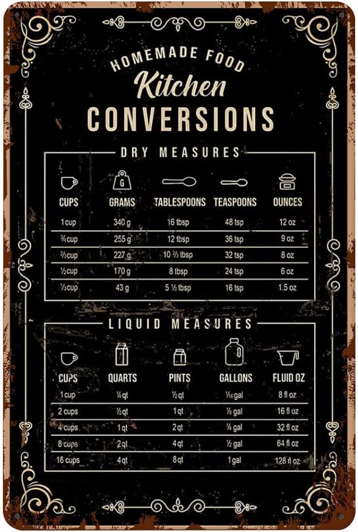 Vintage Tin Sign Decor - Retro Metal Baking Signs Wall Decor - Kitchen Conversion Chart & Baking Knowledge - 8x12 Inch