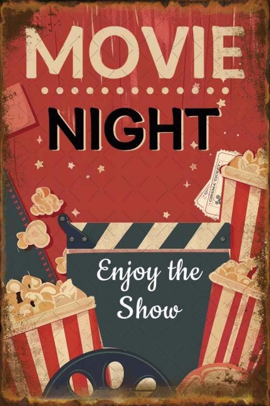 Vintage Movie Night Metal Tin Sign Enjoy The Show With Popcorn Decor For Home Cinema Cafe 8x12 Inch