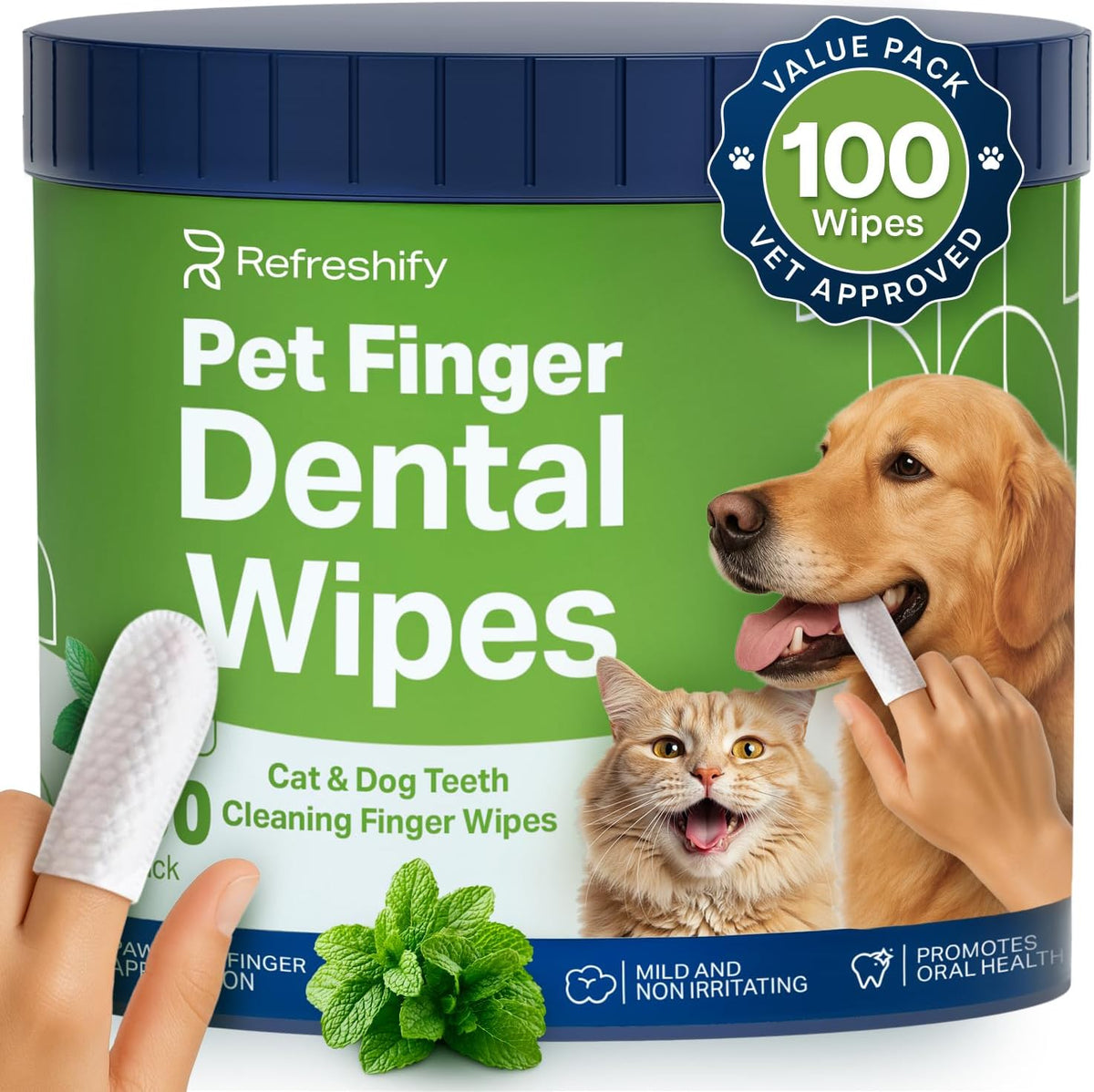Dog Teeth Cleaning Wipes - 100 Value Pack - Fresh Mint Dog Dental Wipes, Vet Formulated Pet Teeth Cleaning Finger Wipes for Dogs & Cats – Effective Dog Teeth Cleaning, Plaque & Tartar Solution