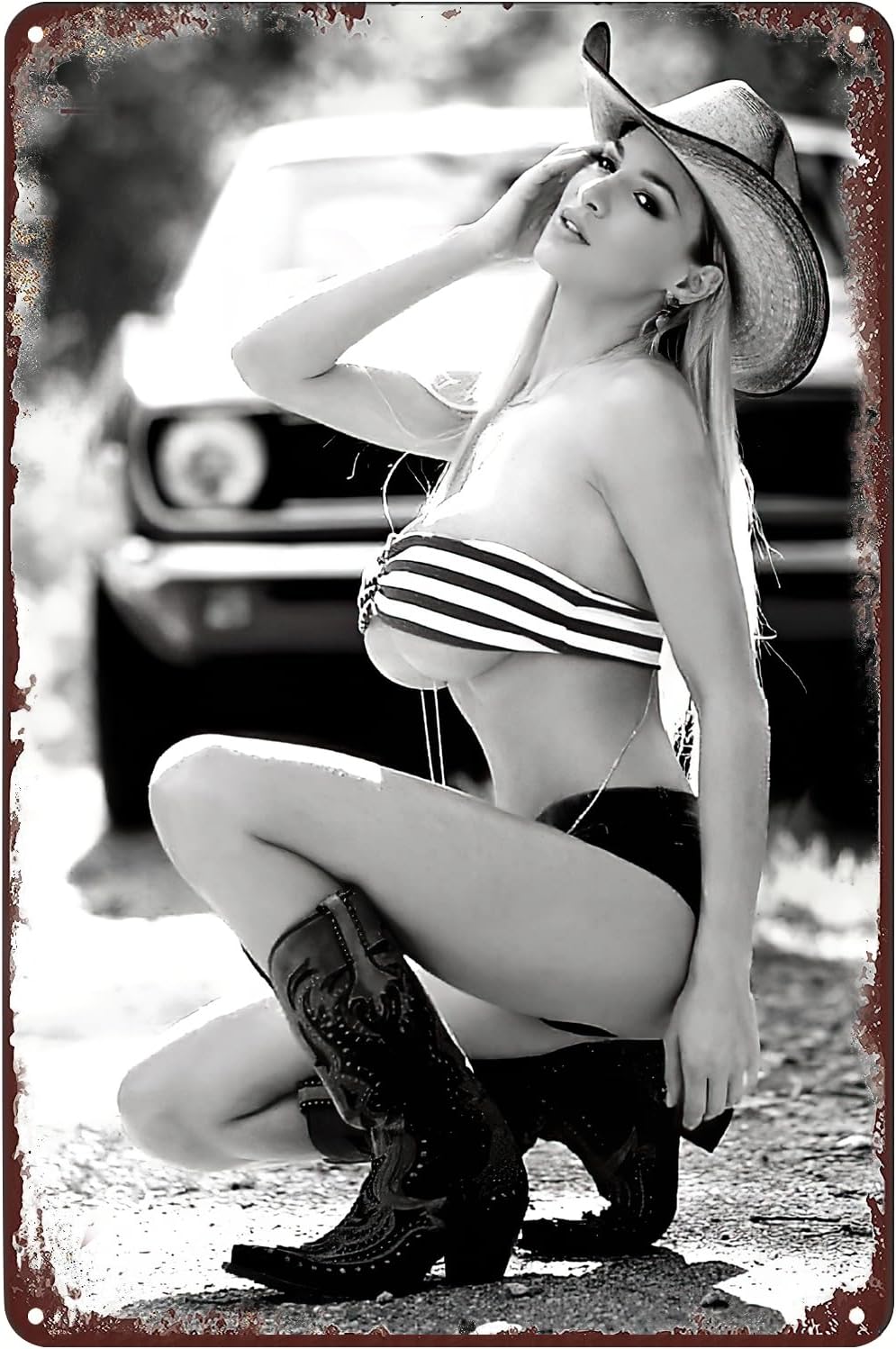 Sexy Cowgirl Car Metal Poster Hot Woman Cowboy Hat Tin Sign Wall Art Decor Plaque for Home Bar Club Bathroom Man Cave Garage 8x12 inch