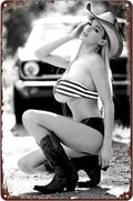 Sexy Cowgirl Car Metal Poster Hot Woman Cowboy Hat Tin Sign Wall Art Decor Plaque for Home Bar Club Bathroom Man Cave Garage 8x12 inch