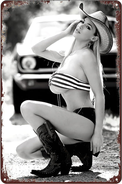 Sexy Cowgirl Car Metal Poster Hot Woman Cowboy Hat Tin Sign Wall Art Decor Plaque for Home Bar Club Bathroom Man Cave Garage 8x12 inch