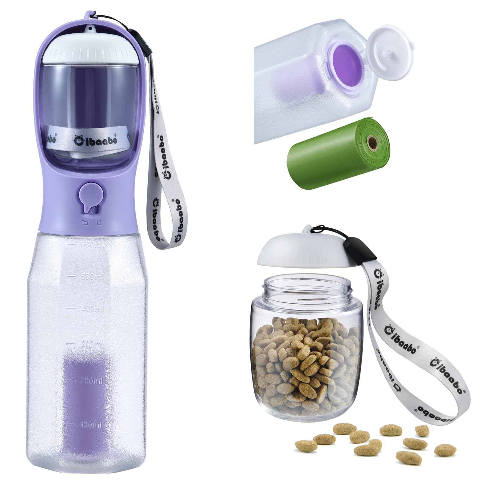 Cibaabo Dog Water Bottle with Food Container & Poop Bag Holder, Travel Water Bowl, Portable Pet Dispenser, Girl Dog Accessories Stuff Items Essentials Gift for Yorkie Chihuahua Walking Hiking