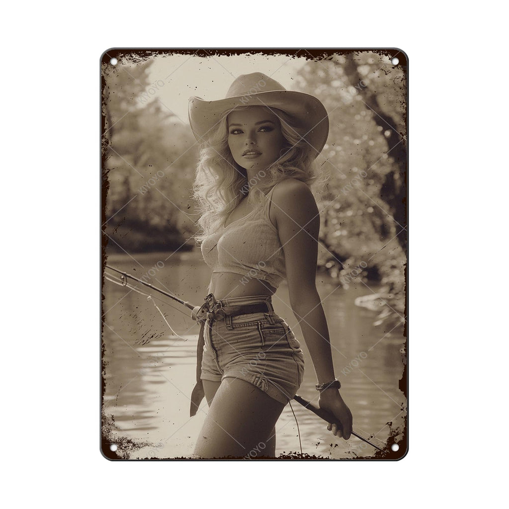 50s Pin up Girl Fishing Metal Tin Sign Open Fly Season Wall Decor Home Angler Cafes Lake House Seascape 12x8 Inch
