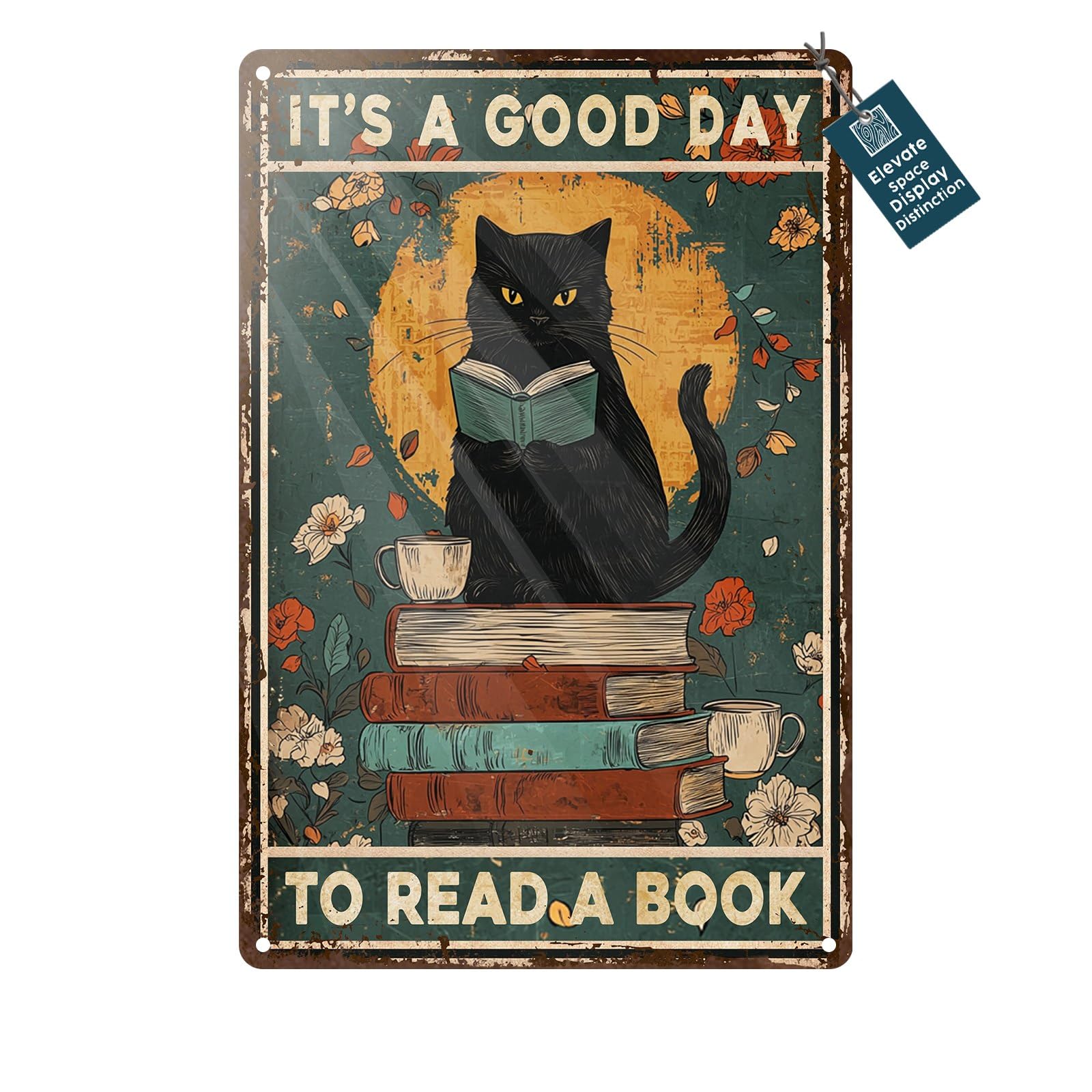 Black Cat Reading Vintage Metal Sign Reading Will Take You Everywhere Retro Wall Decor for Library Book Home Bedroom Office Decoration 8x12inch