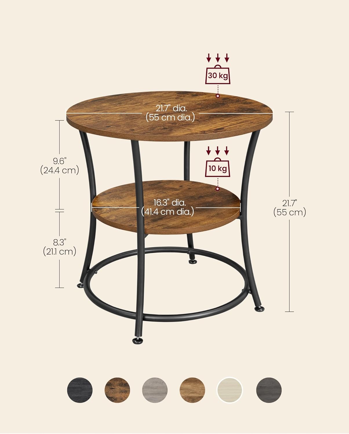 VASAGLE 21.7-Inch Round Side Table, 2-Tier End Table, Nightstand with Steel Frame, Spacious Top, for Small Spaces, Living Room, Bedroom, Rustic Brown and Ink Black ULET56BX