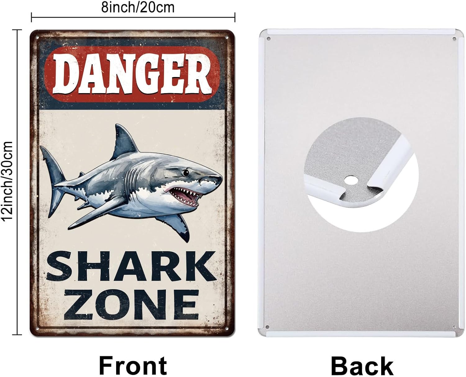 GLOBLELAND Vintage Danger Warning Metal Tin Sign 12x8inch Shark Zone Tin Signage Decor Signs Retro Ocean Shark Wall Metal Plaque for Office Home Garage Room Cafes Bars Fishing Area Decoration