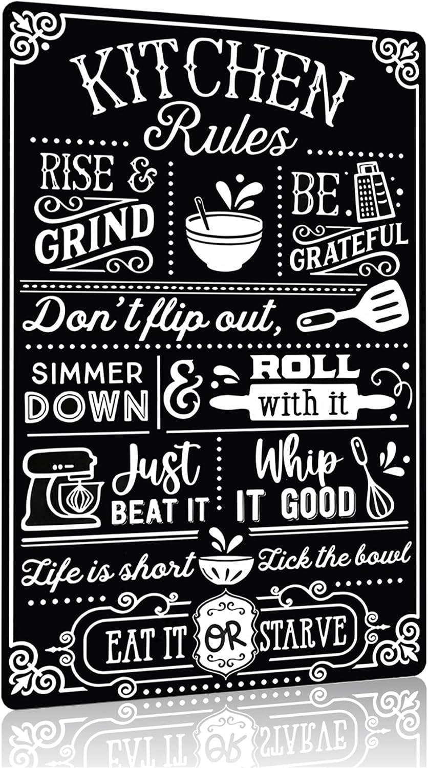 Crazysign Funny Kitchen Gifts for Women&Mom Kitchen Rules with Humorous Cooking Quotes Vintage Tin Sign for Home Farmhouse Kitchen Dining Room Decor 8x12 Inch (3367)