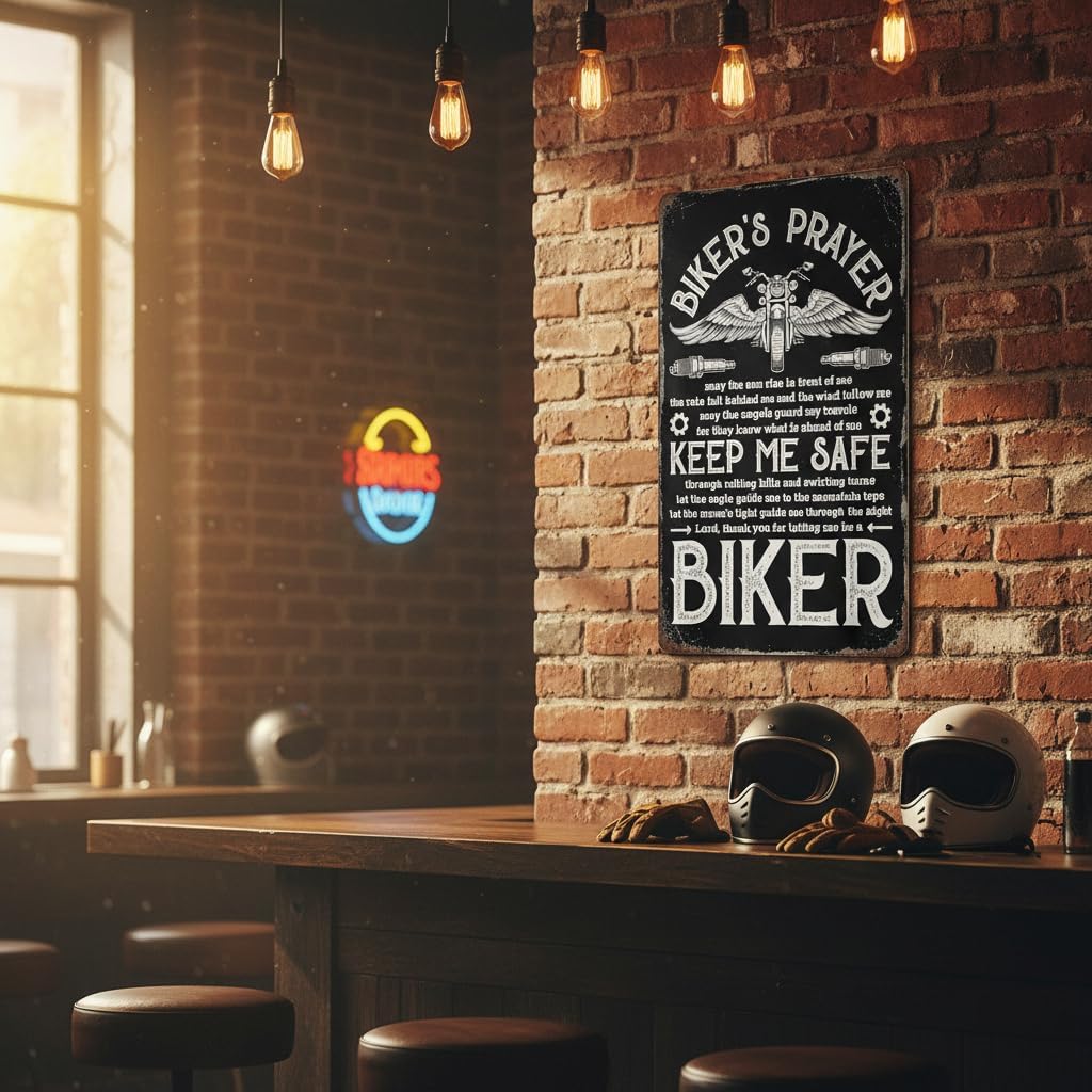 Vintage Biker's Prayer Metal Tin Sign, Rustic Wall Plaque, Black, 8x12 Inch, Home, Bar, and Garage Decor