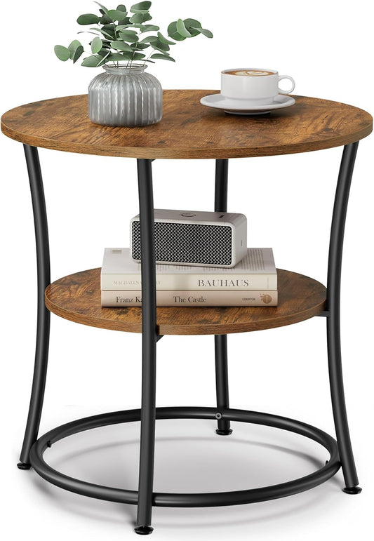VASAGLE 21.7-Inch Round Side Table, 2-Tier End Table, Nightstand with Steel Frame, Spacious Top, for Small Spaces, Living Room, Bedroom, Rustic Brown and Ink Black ULET56BX