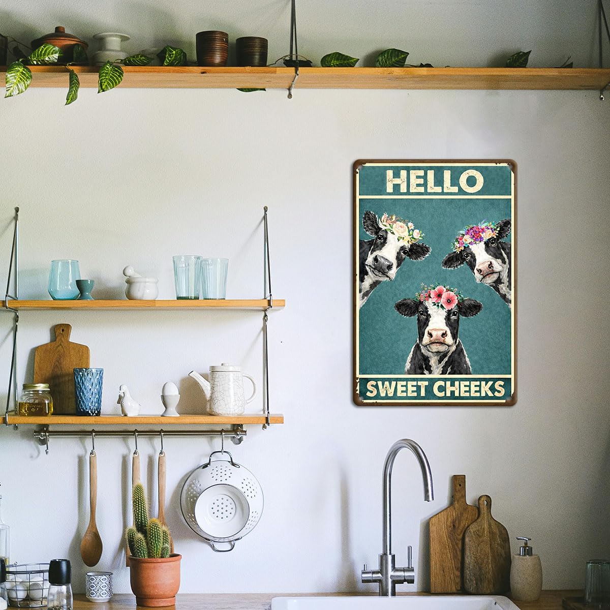 Bathroom Wall Decor Metal Tin Sign – Hello Sweet Cheeks Funny Cow Wall Art, Farmhouse Restroom Decor 12x8 Inch