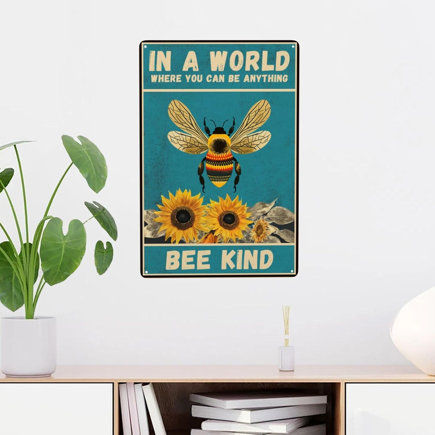 Sunflower and Bee Wall Decor Tin Sign 8 x 12 Inch In A World Where You Can Be Anything Sign for Home Cafe Bedroom Library Garage