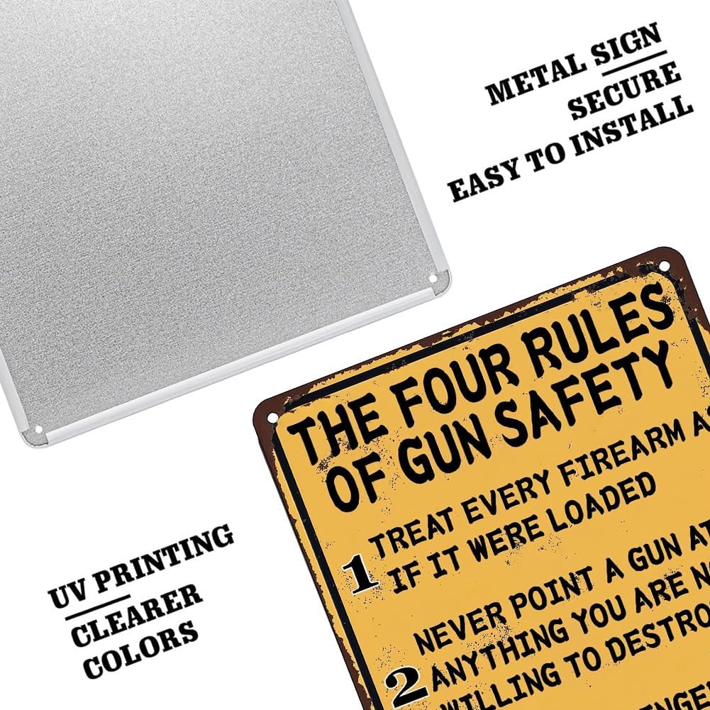 The Four Rules of Gun Safety Vintage Metal Sign Gun Room Decor Rustic Tin Signs Metal Poster for Home Garage Office Bar Cafe Pub Man Cave Gifts 12 x 8 Inch