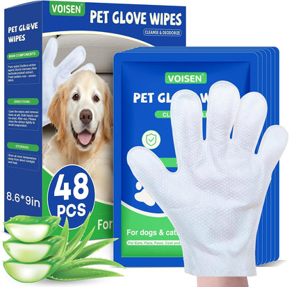 VOISEN 48 Pcs Pet Glove Wipes for Dogs and Cats, Cleaning & Deodorizing Bathing Grooming Wipes,Unscented Thick Nourish Fur Glove Wipes for Pet Dry Cleaning,Daily Care and Travel