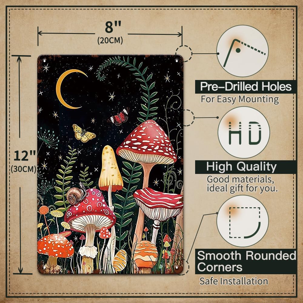 YOYI ART Cute Mushroom Wall Decor Sign - Vintage Metal Tin Sign for Bedroom, Bathroom, Cottage Enchanted Forest Room, Kitchen wall Decor art Accessories, Gift for Girls and Mushroom Lover, 8 x 12 inch