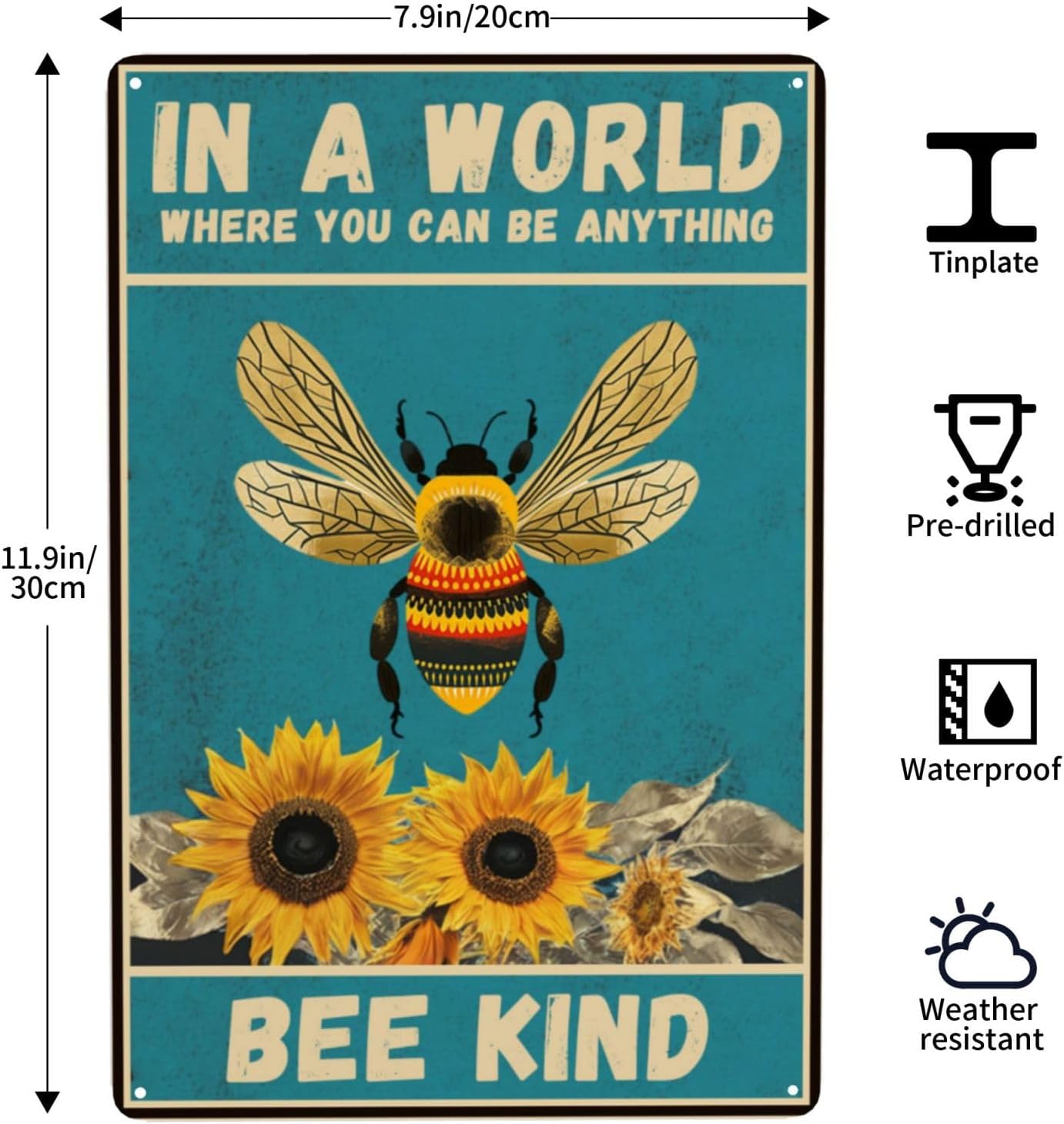Sunflower and Bee Wall Decor Tin Sign 8 x 12 Inch In A World Where You Can Be Anything Sign for Home Cafe Bedroom Library Garage