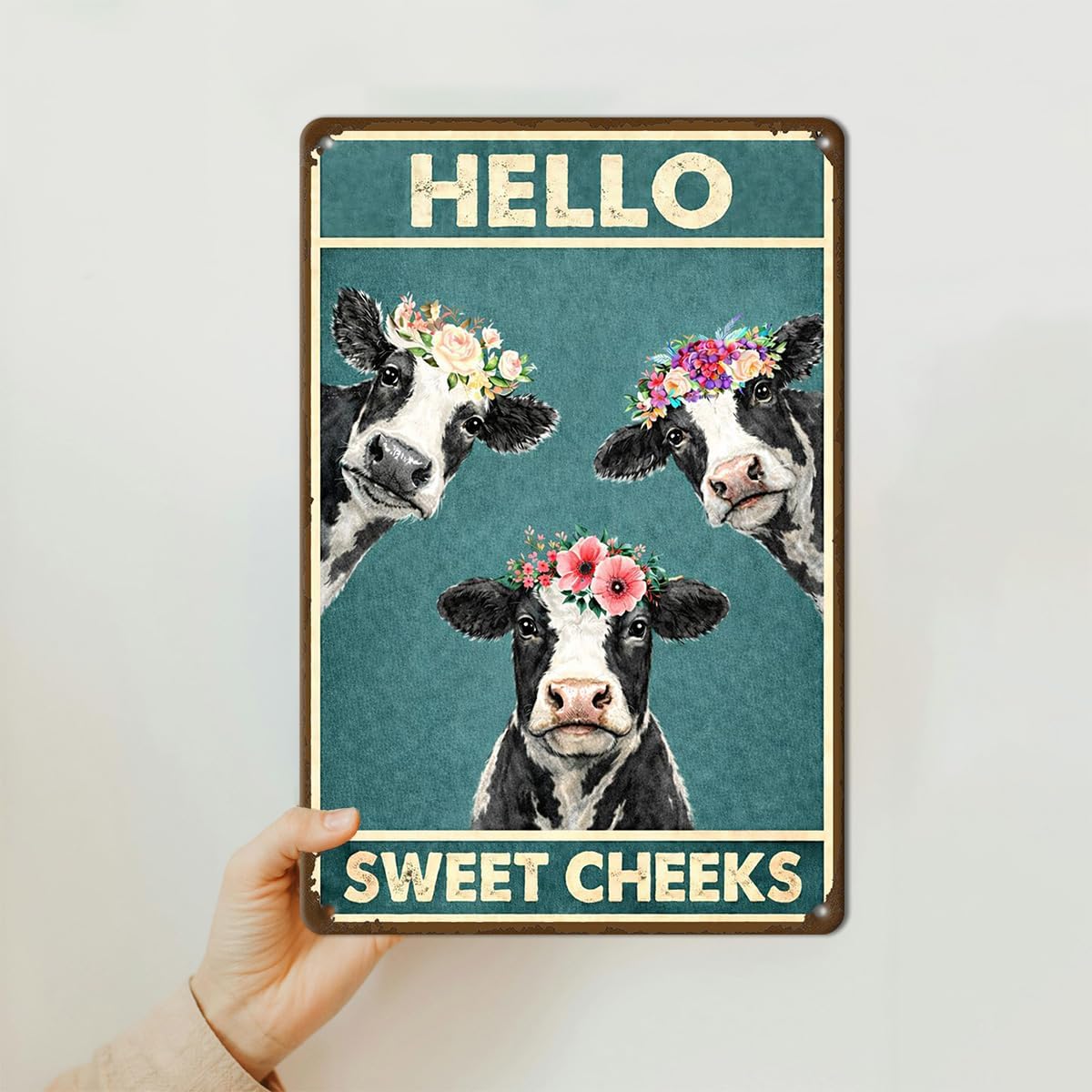 Bathroom Wall Decor Metal Tin Sign – Hello Sweet Cheeks Funny Cow Wall Art, Farmhouse Restroom Decor 12x8 Inch