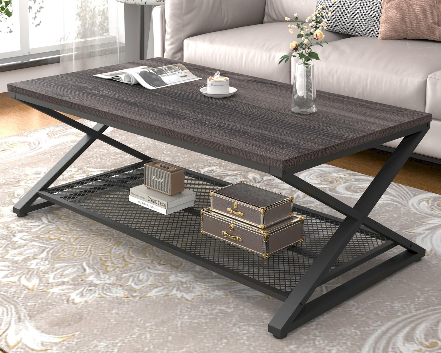 LVB Rustic Coffee Table with Storage, Industrial Wood Metal 2 Tier Center Living Room Table with Mesh Shelf, Farmhouse Wooden Low Rectangle Cocktail Tea Table for Office Bedroom, 47 inch, Rustic Brown