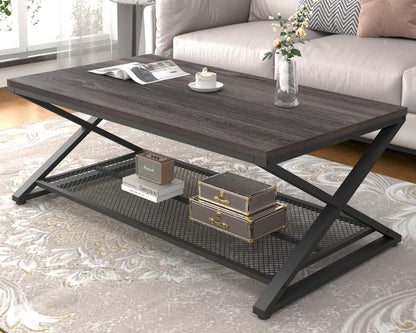 LVB Rustic Coffee Table with Storage, Industrial Wood Metal 2 Tier Center Living Room Table with Mesh Shelf, Farmhouse Wooden Low Rectangle Cocktail Tea Table for Office Bedroom, 47 inch, Rustic Brown