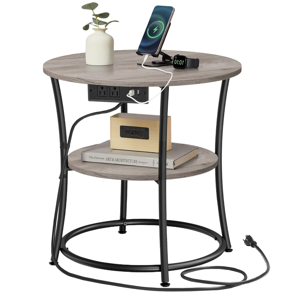 VASAGLE 21.7-Inch Round Side Table, 2-Tier End Table, Nightstand with Steel Frame, Spacious Top, for Small Spaces, Living Room, Bedroom, Rustic Brown and Ink Black ULET56BX