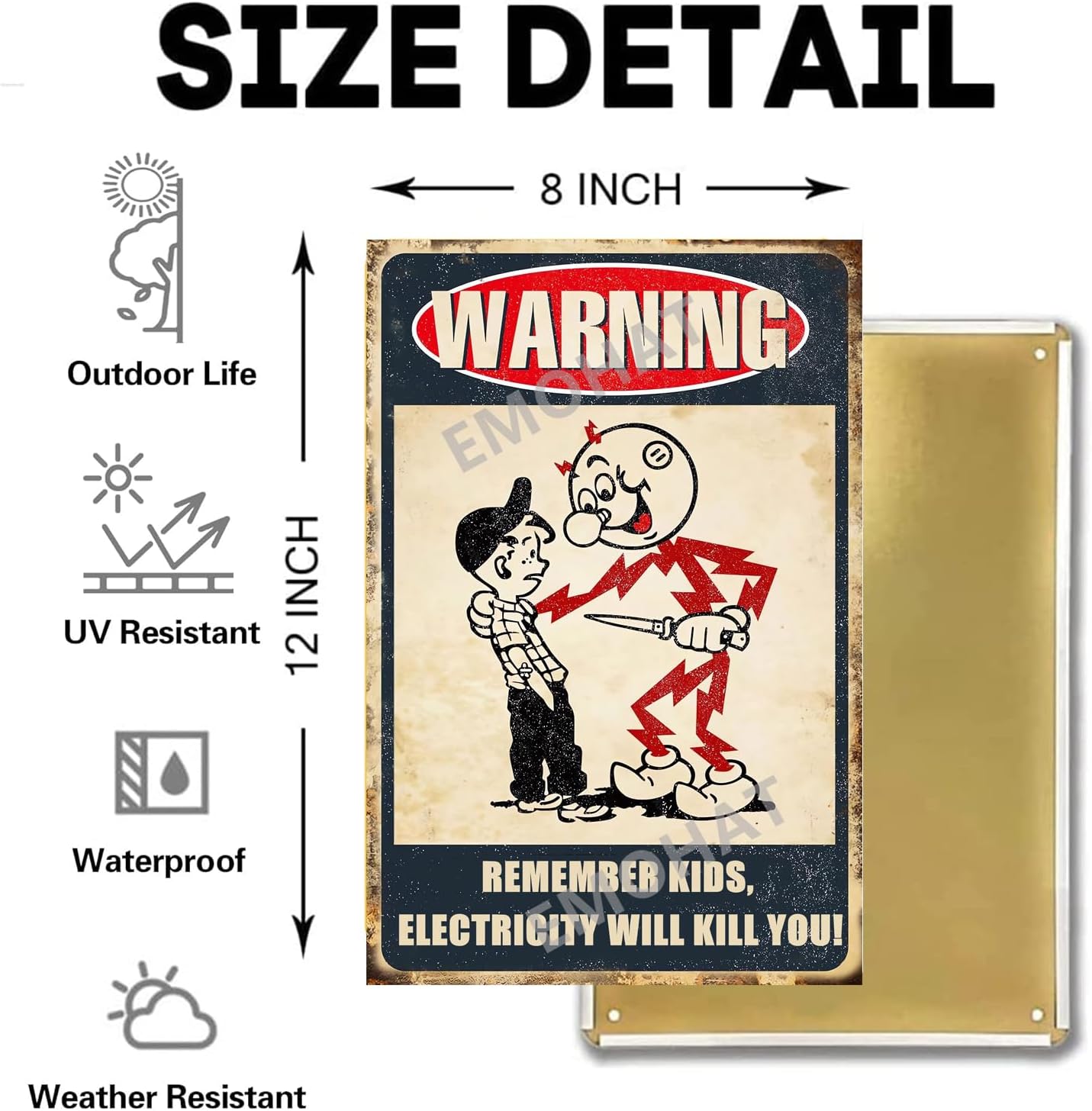 EMOHAT Warning Sign Remember Kids Electricity Will Kill You Metal Tin Sign Vintage Retro Caution Safety Wall Decor Poster Plaques For Room Home Restaurant Garage Outdoor Indoor 8x12 Inch