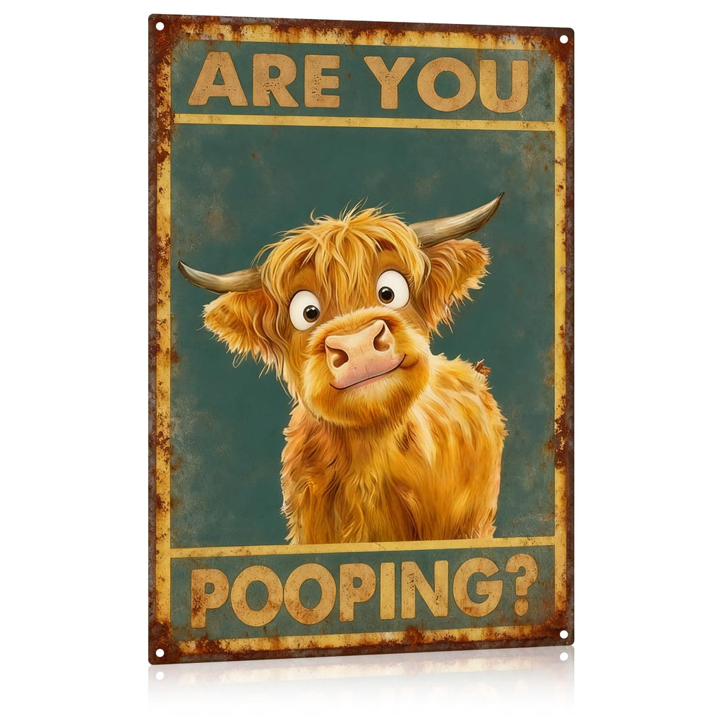 Madewell Living Funny Highland Cow Metal Tin Sign, Are You Pooping, Rustic Farmhouse Wall Decor for Bathroom, Western Bathroom Art with Humorous Quote, 8x12 Inch