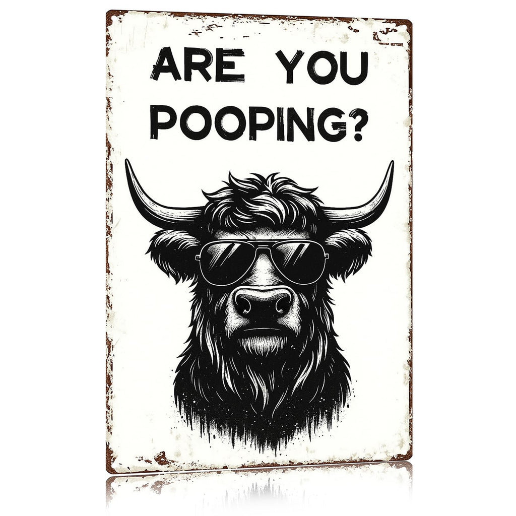 Madewell Living Funny Highland Cow Metal Tin Sign, Are You Pooping, Rustic Farmhouse Wall Decor for Bathroom, Western Bathroom Art with Humorous Quote, 8x12 Inch