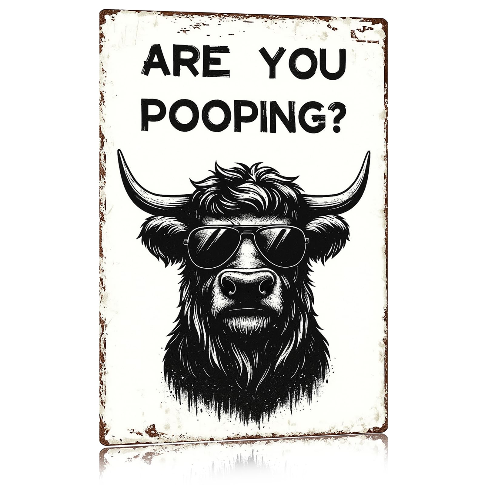 Madewell Living Funny Highland Cow Metal Tin Sign, Are You Pooping, Rustic Farmhouse Wall Decor for Bathroom, Western Bathroom Art with Humorous Quote, 8x12 Inch