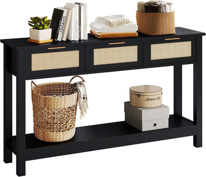 Luoxiao Entryway Table, 47" Rattan Console Tables with 3 Drawers, Narrow Hallway Table for Entryway with Storage Shelf, Slim Sofa Table Behind Couch, Modern Black Foyer Entry Way Table, Easy Assembly