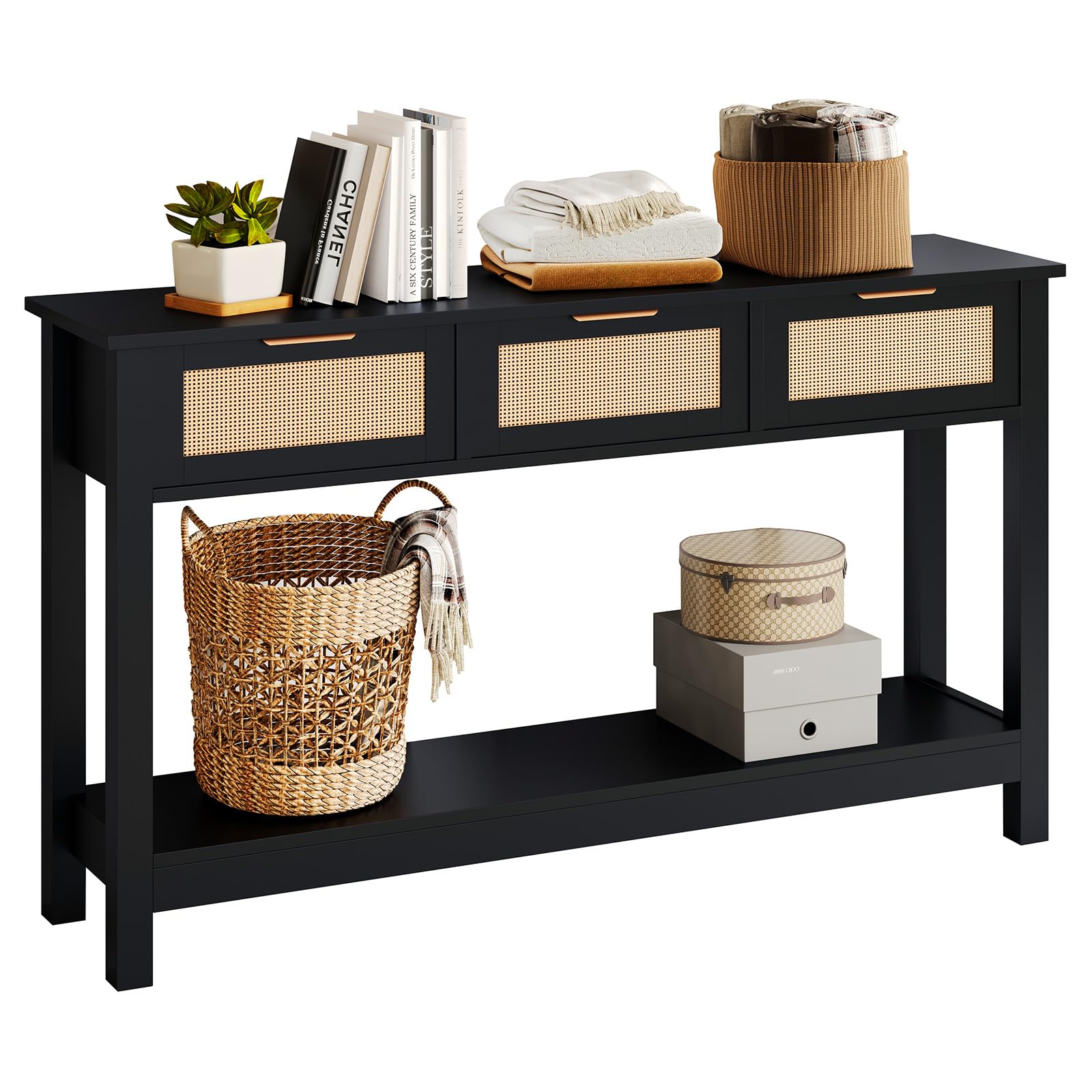 Luoxiao Entryway Table, 47" Rattan Console Tables with 3 Drawers, Narrow Hallway Table for Entryway with Storage Shelf, Slim Sofa Table Behind Couch, Modern Black Foyer Entry Way Table, Easy Assembly